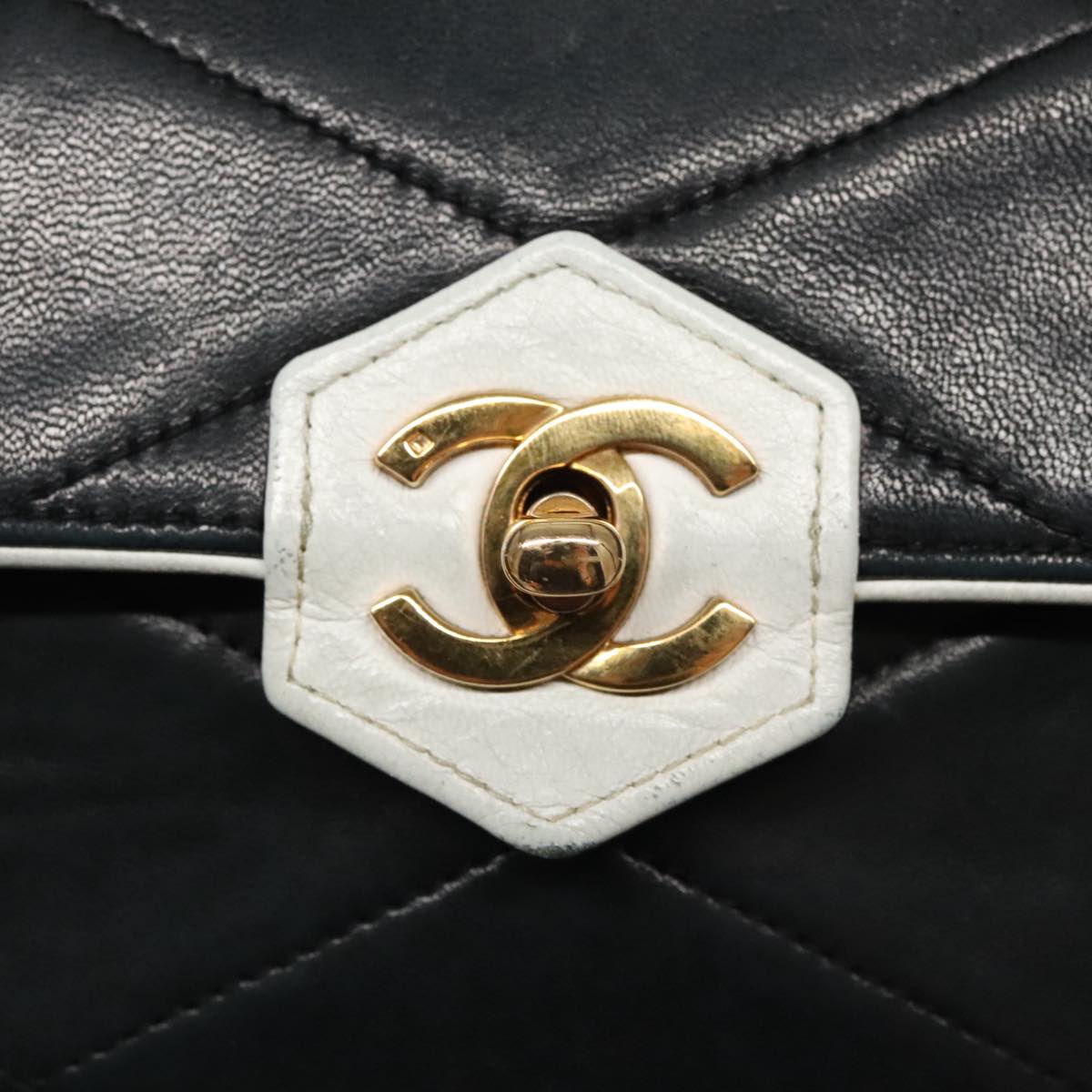 CHANEL Matelasse Chain Shoulder Bag Lamb Skin Black Gold white CC Auth yk15737