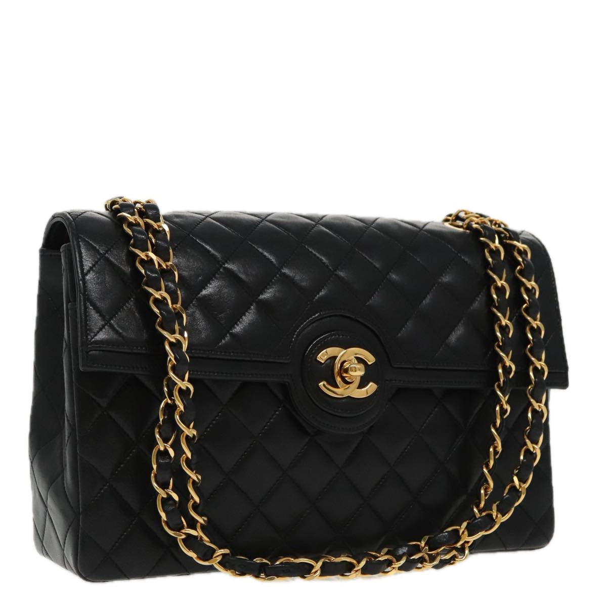 CHANEL Matelasse Turn Lock Chain Hand Bag Lamb Skin Black Gold CC Auth yk15738A