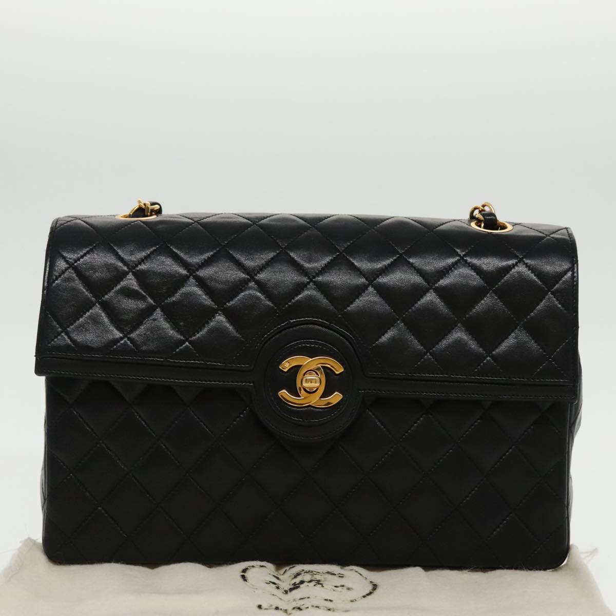 CHANEL Matelasse Turn Lock Chain Hand Bag Lamb Skin Black Gold CC Auth yk15738A