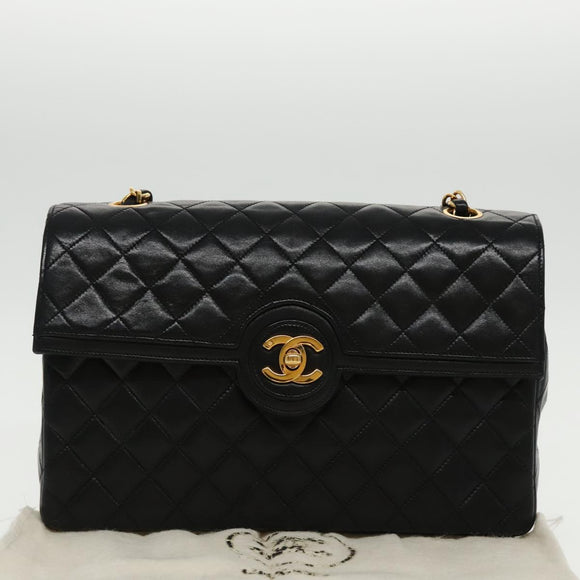 CHANEL Matelasse Turn Lock Chain Hand Bag Lamb Skin Black Gold CC Auth yk15738AV
