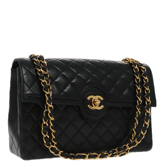CHANEL Matelasse Turn Lock Chain Hand Bag Lamb Skin Black Gold CC Auth yk15738AV