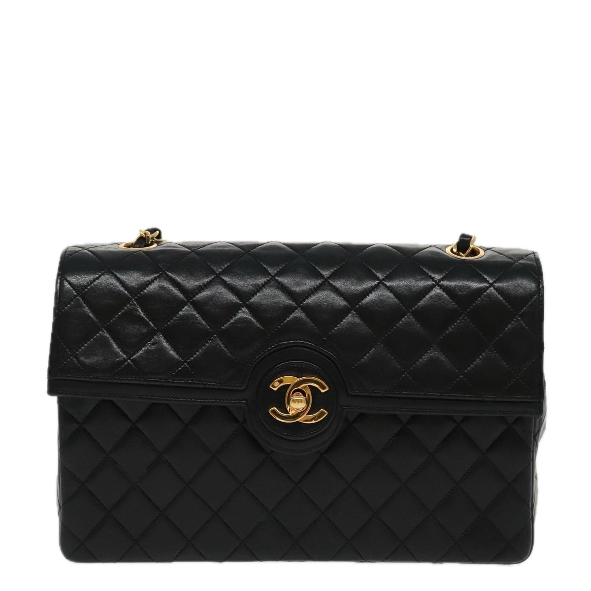 CHANEL Matelasse Turn Lock Chain Hand Bag Lamb Skin Black Gold CC Auth yk15738A