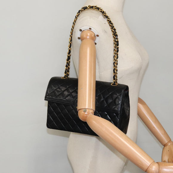 CHANEL Matelasse Turn Lock Chain Hand Bag Lamb Skin Black Gold CC Auth yk15738AV
