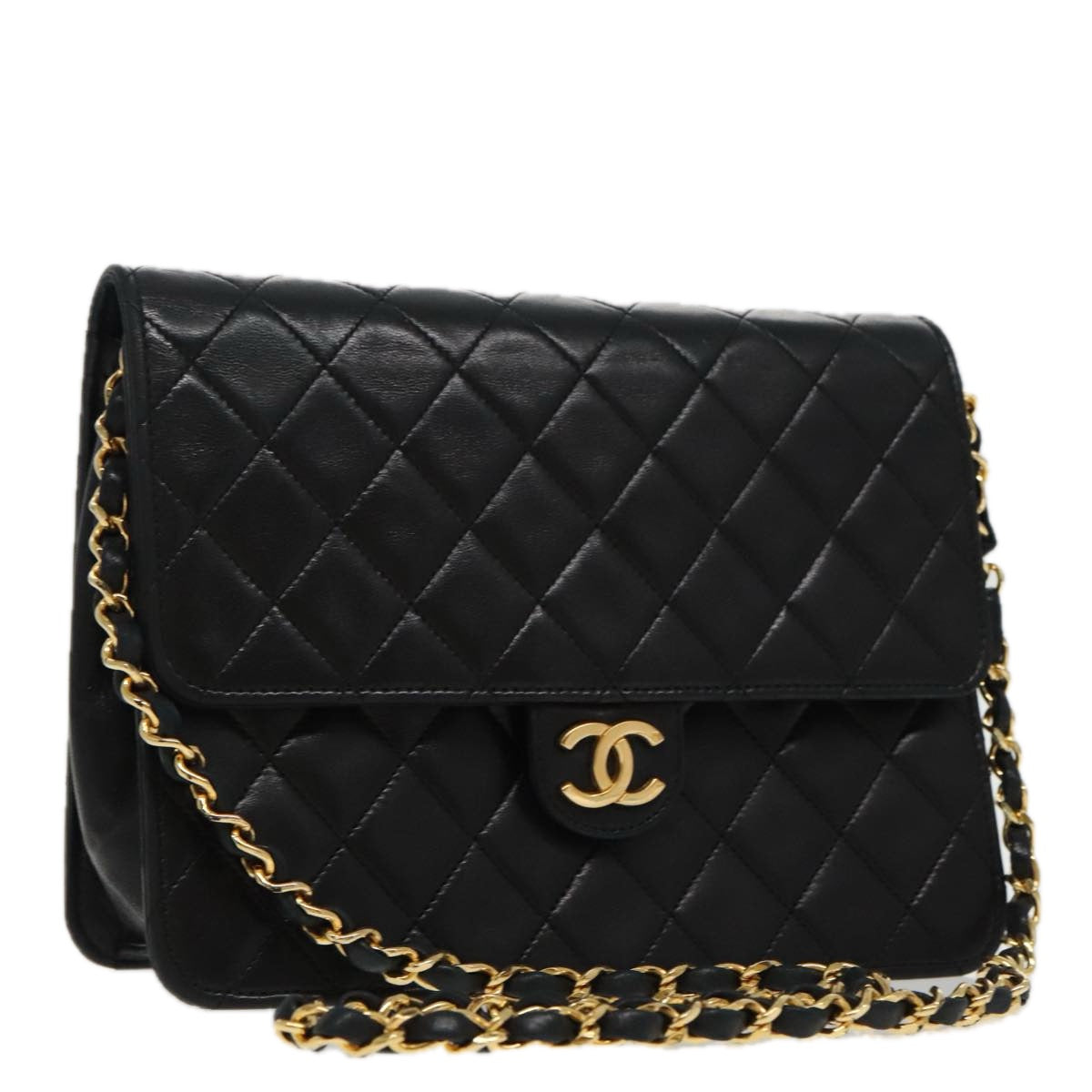 CHANEL Matelasse Chain Shoulder Bag Lamb Skin Black Gold CC Auth yk15750