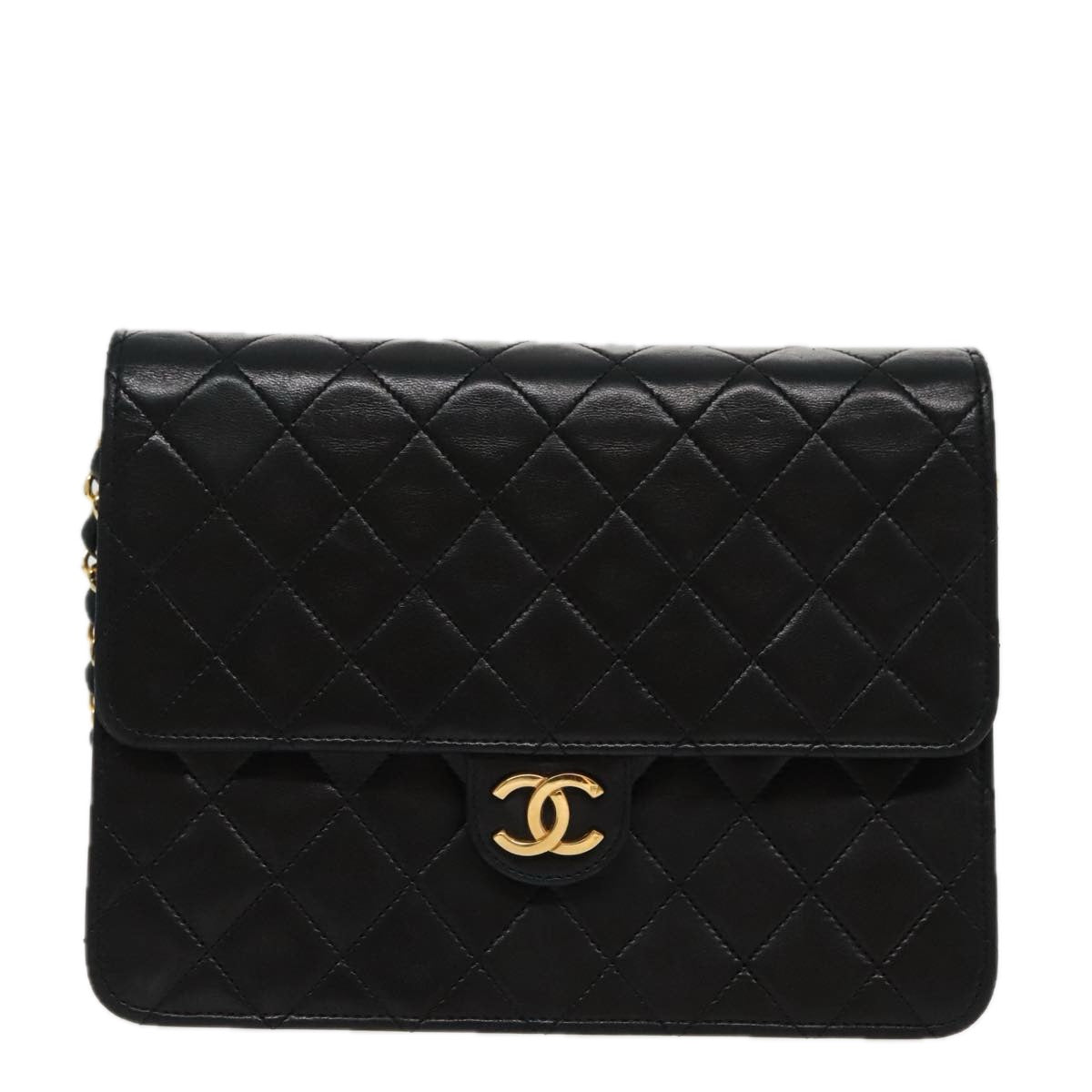 CHANEL Matelasse Chain Shoulder Bag Lamb Skin Black Gold CC Auth yk15750