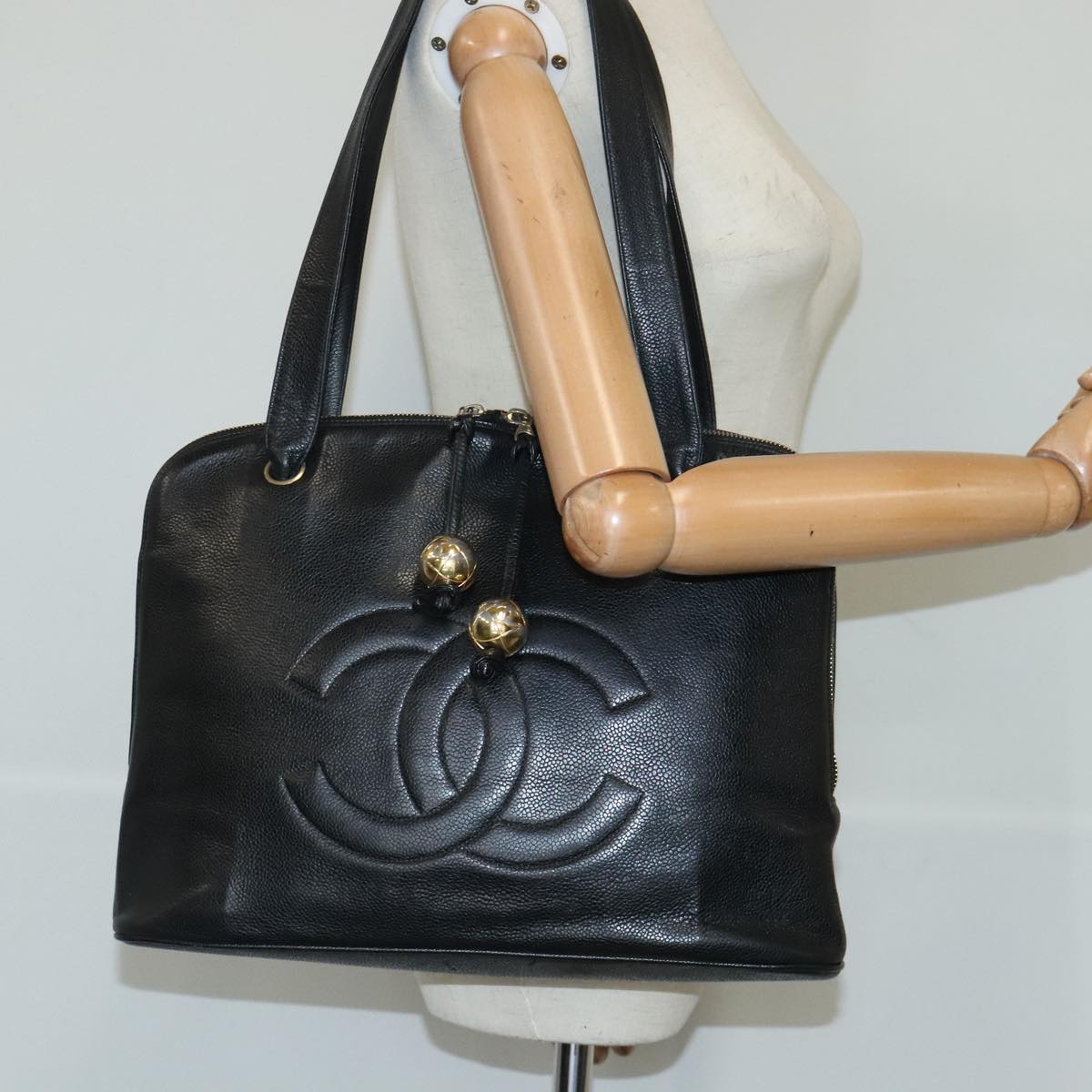 CHANEL COCO Mark Tote Bag Caviar Skin Black Gold CC Auth yk15761