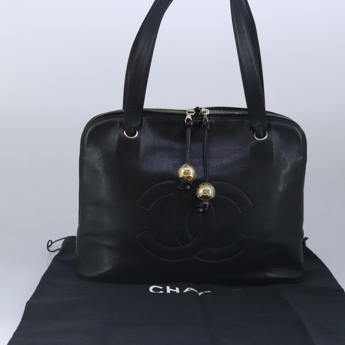 CHANEL COCO Mark Tote Bag Caviar Skin Black Gold CC Auth yk15761