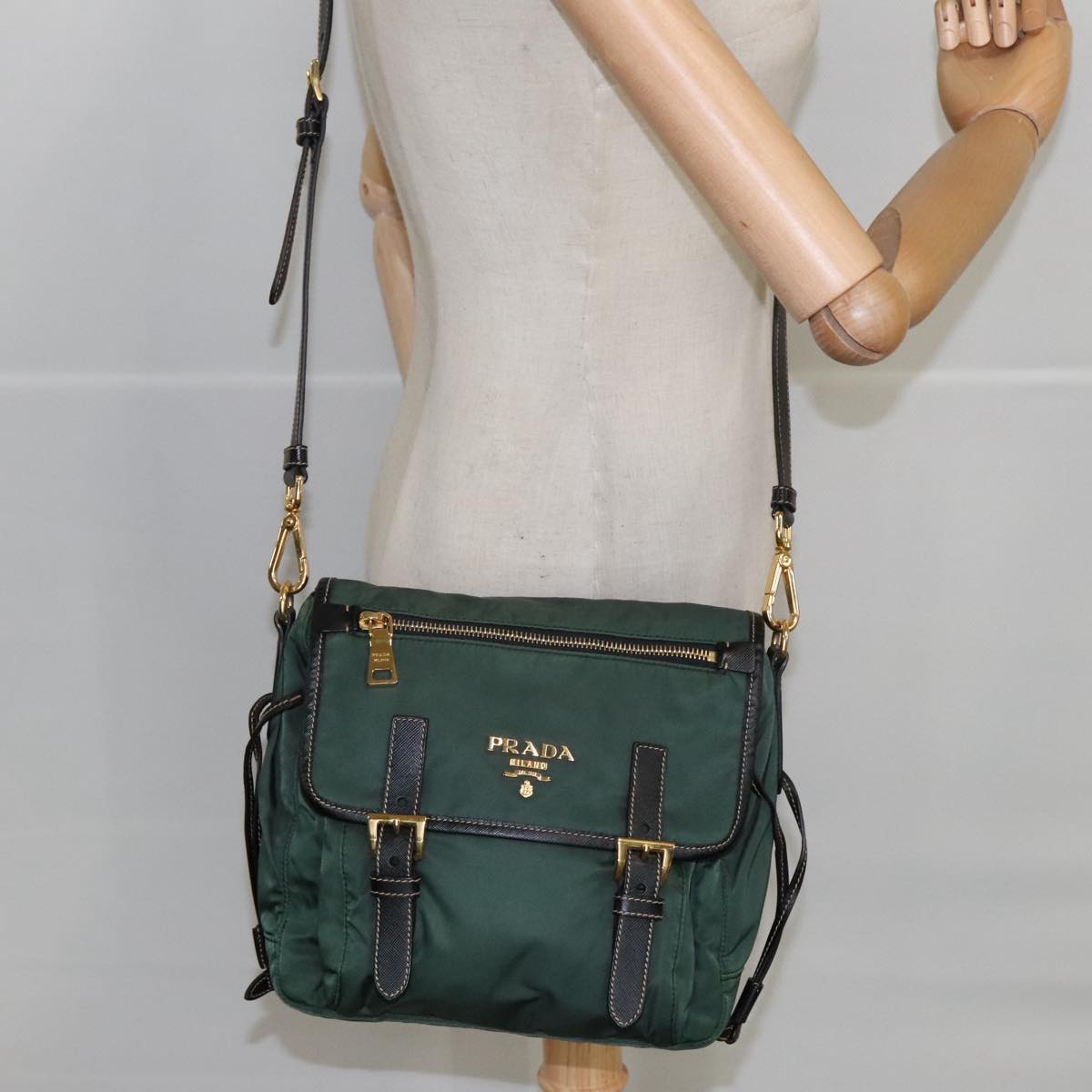 PRADA Shoulder Bag Nylon Khaki Gold Auth yk15765