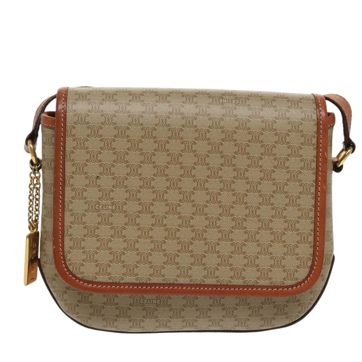 CELINE Macadam Canvas Shoulder Bag Beige Gold Auth yk15766