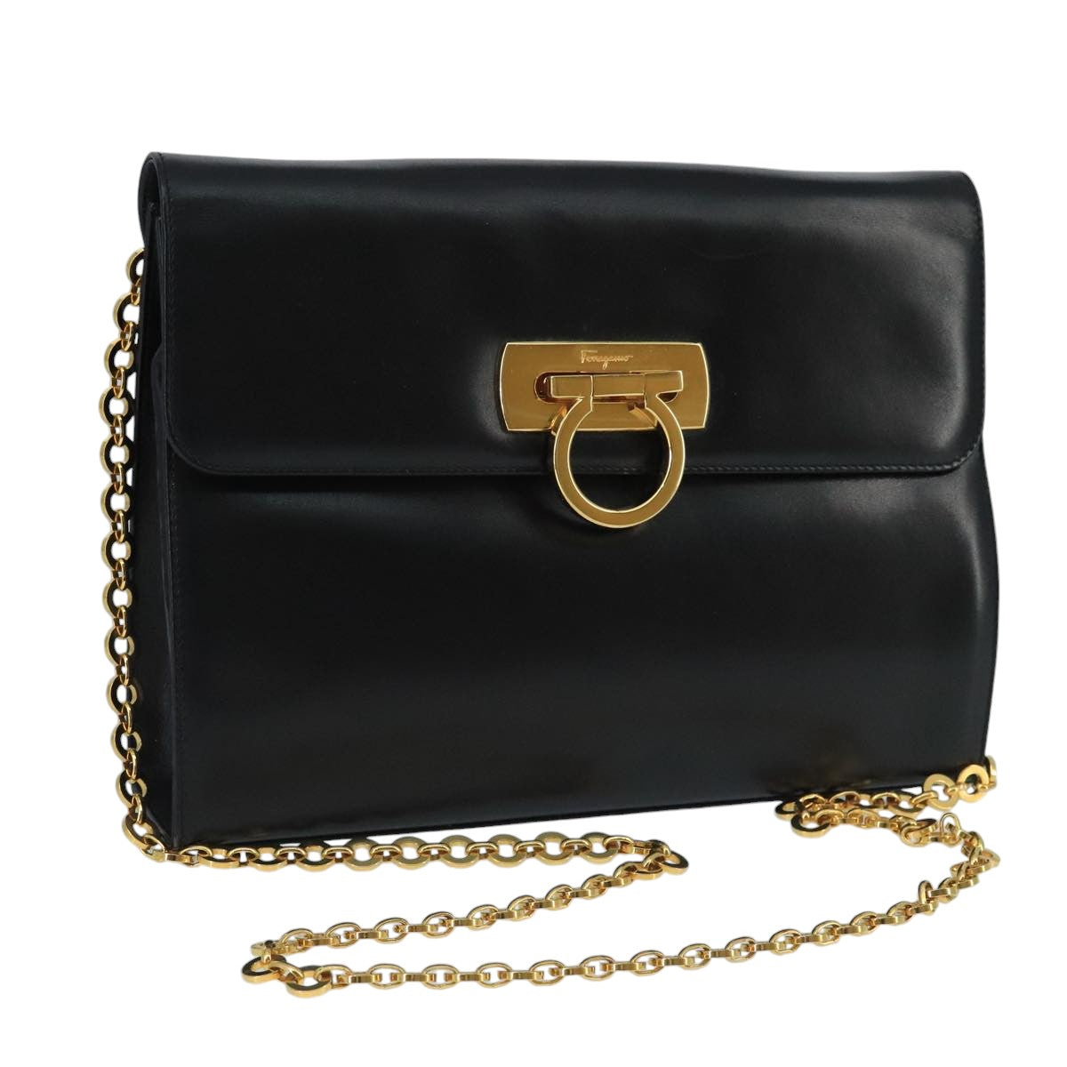 Salvatore Ferragamo Gancini Chain Shoulder Bag Leather Black Gold Auth yk15776