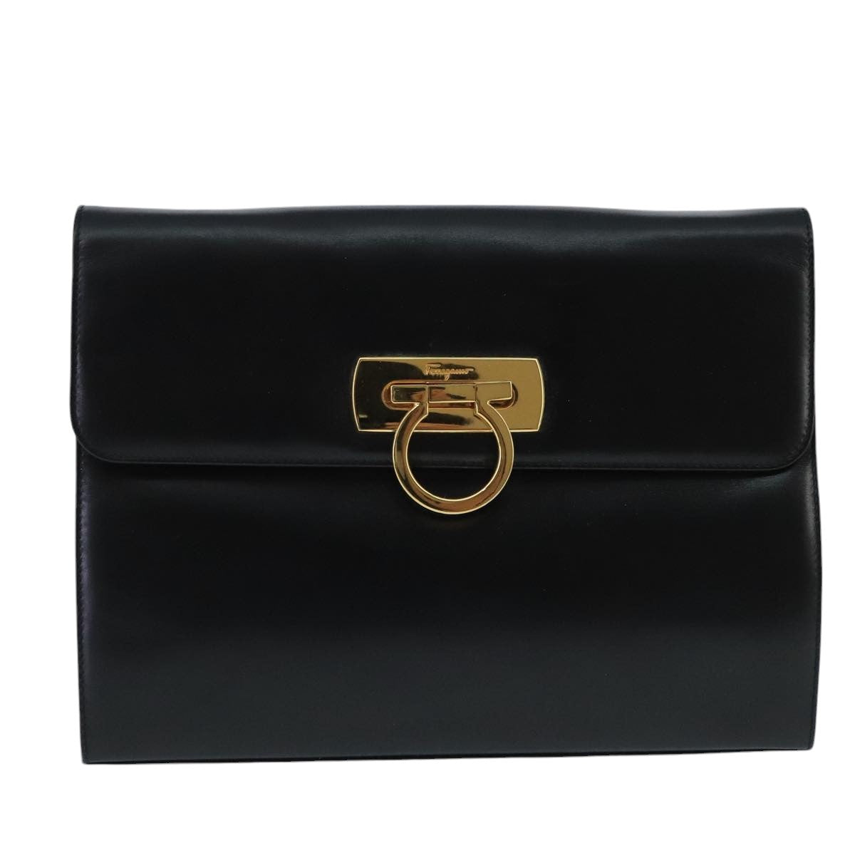 Salvatore Ferragamo Gancini Chain Shoulder Bag Leather Black Gold Auth yk15776