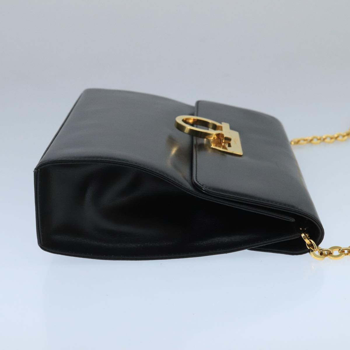 Salvatore Ferragamo Gancini Chain Shoulder Bag Leather Black Gold Auth yk15776