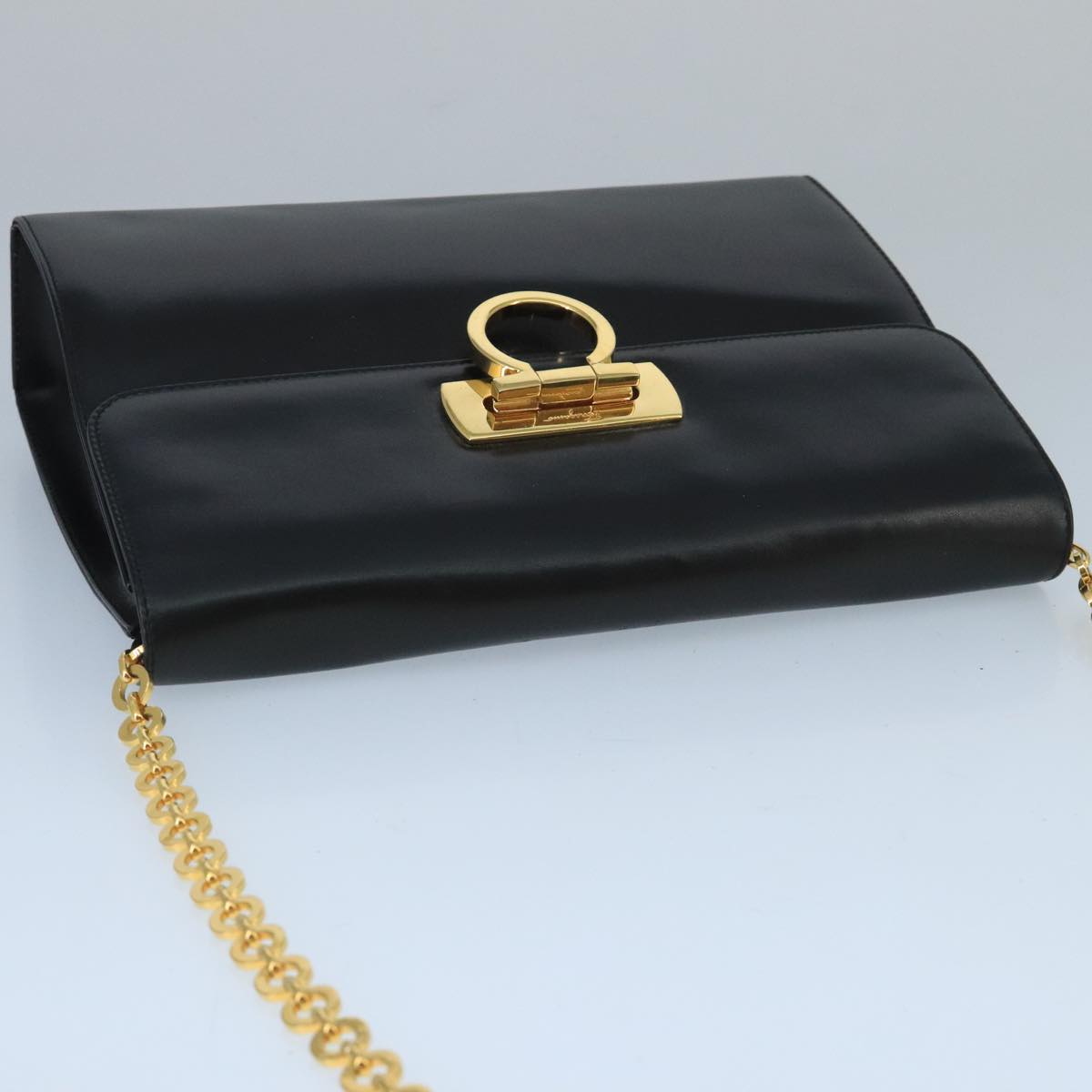 Salvatore Ferragamo Gancini Chain Shoulder Bag Leather Black Gold Auth yk15776