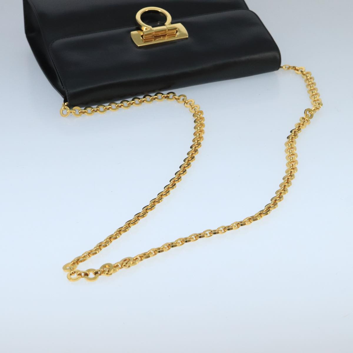 Salvatore Ferragamo Gancini Chain Shoulder Bag Leather Black Gold Auth yk15776