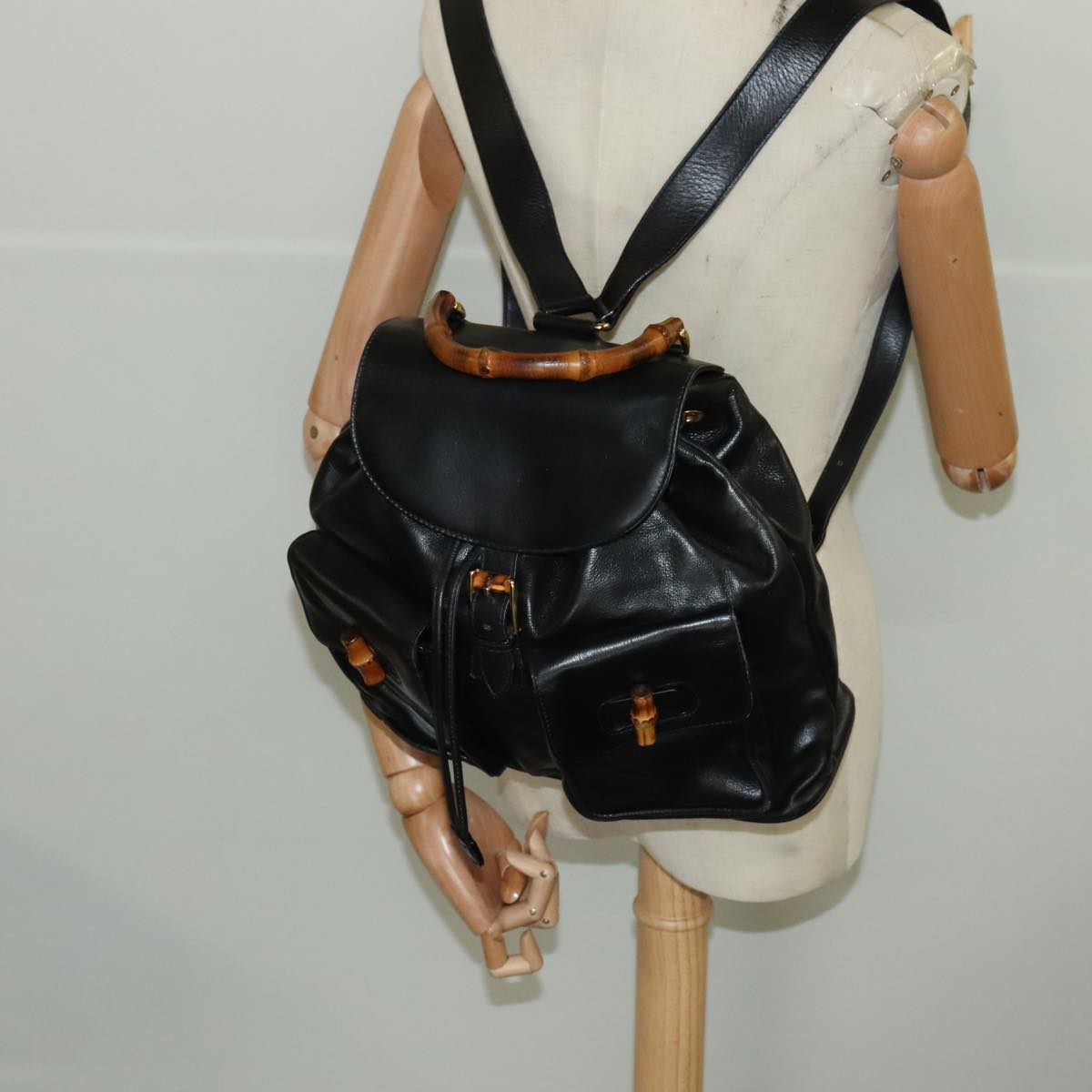 GUCCI Bamboo Backpack Leather Black Gold 003 2058 0016 Auth yk15777