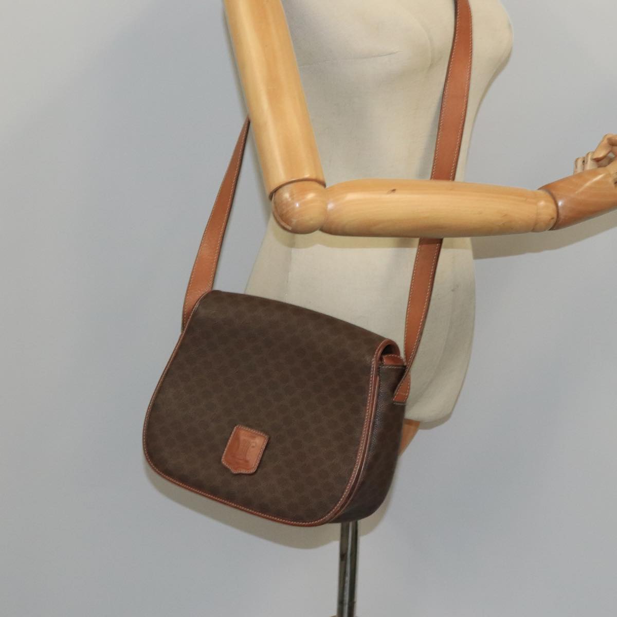 CELINE Macadam Canvas Shoulder Bag PVC Leather Brown Gold Auth yk15778