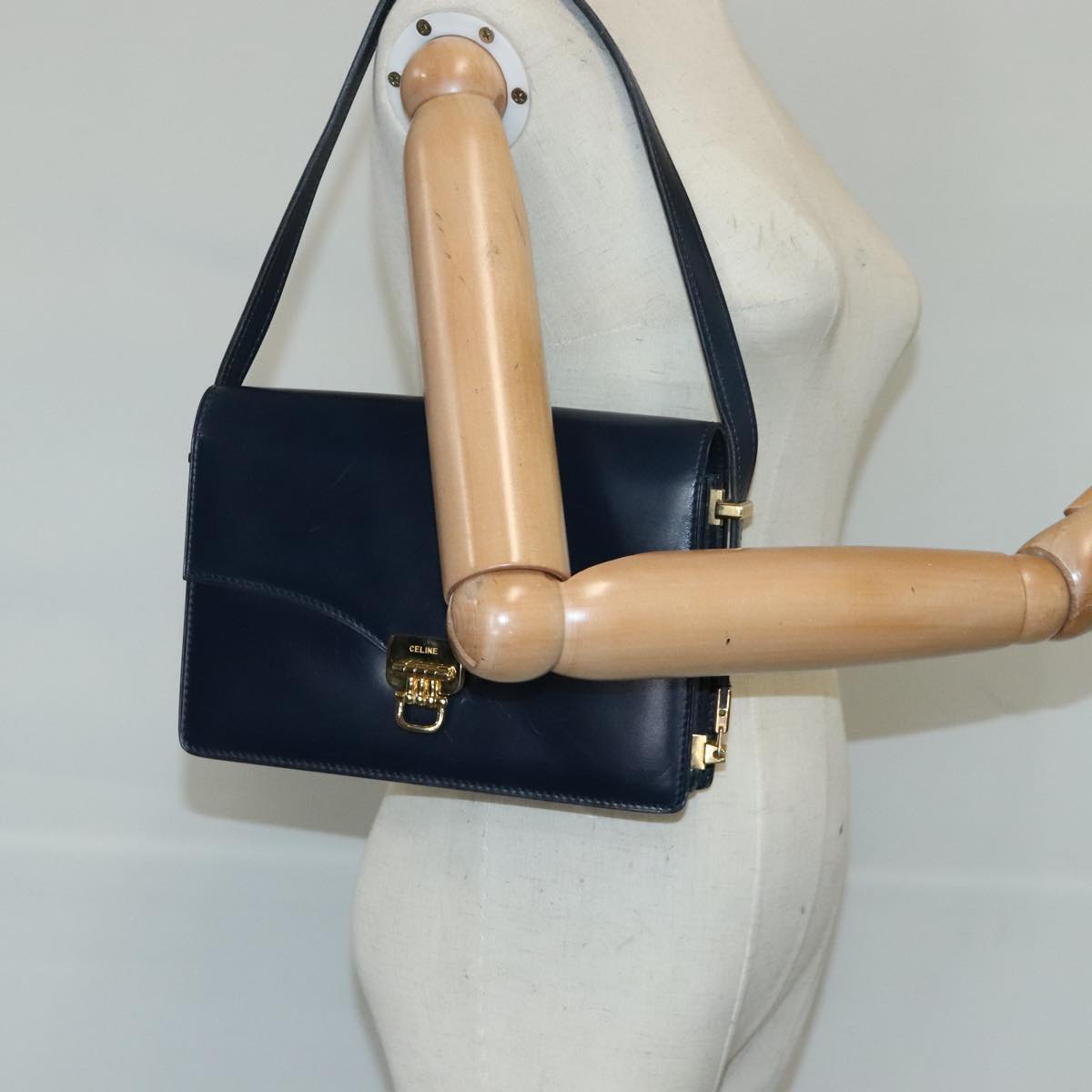 CELINE Shoulder Bag Leather Navy Auth yk15781