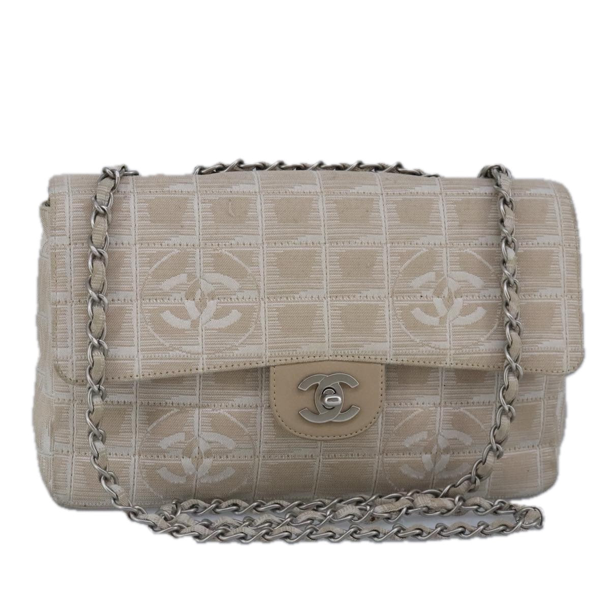 CHANEL Choco Bar New Travel Line Chain Bag Canvas Beige Silver CC Auth yk15784