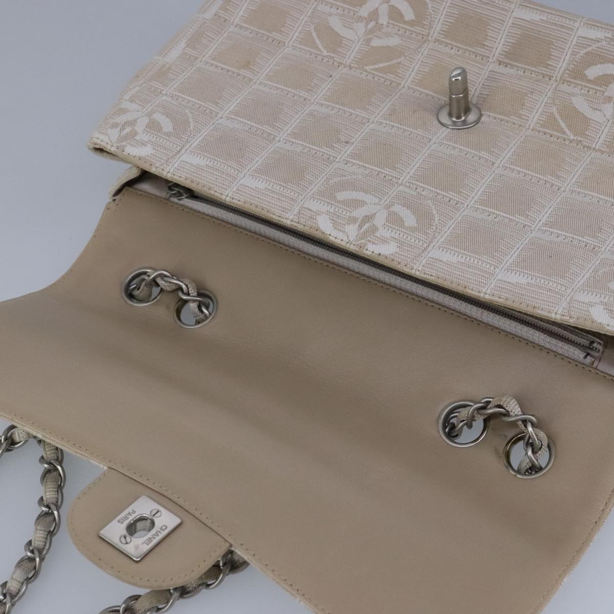 CHANEL Choco Bar New Travel Line Chain Bag Canvas Beige Silver CC Auth yk15784