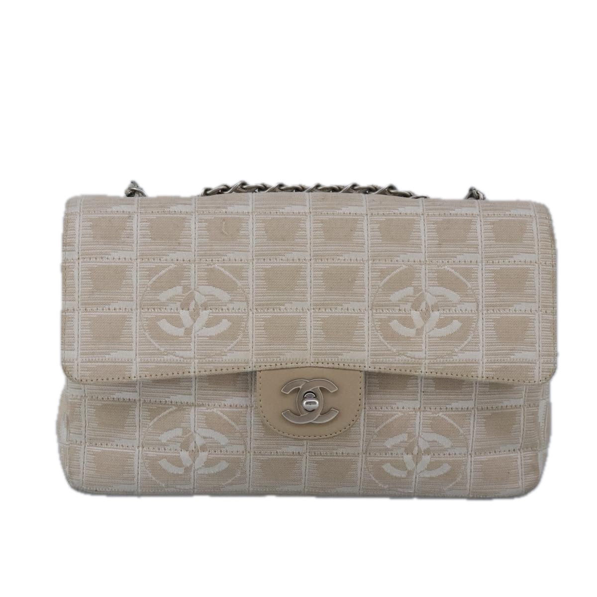 CHANEL Choco Bar New Travel Line Chain Bag Canvas Beige Silver CC Auth yk15784