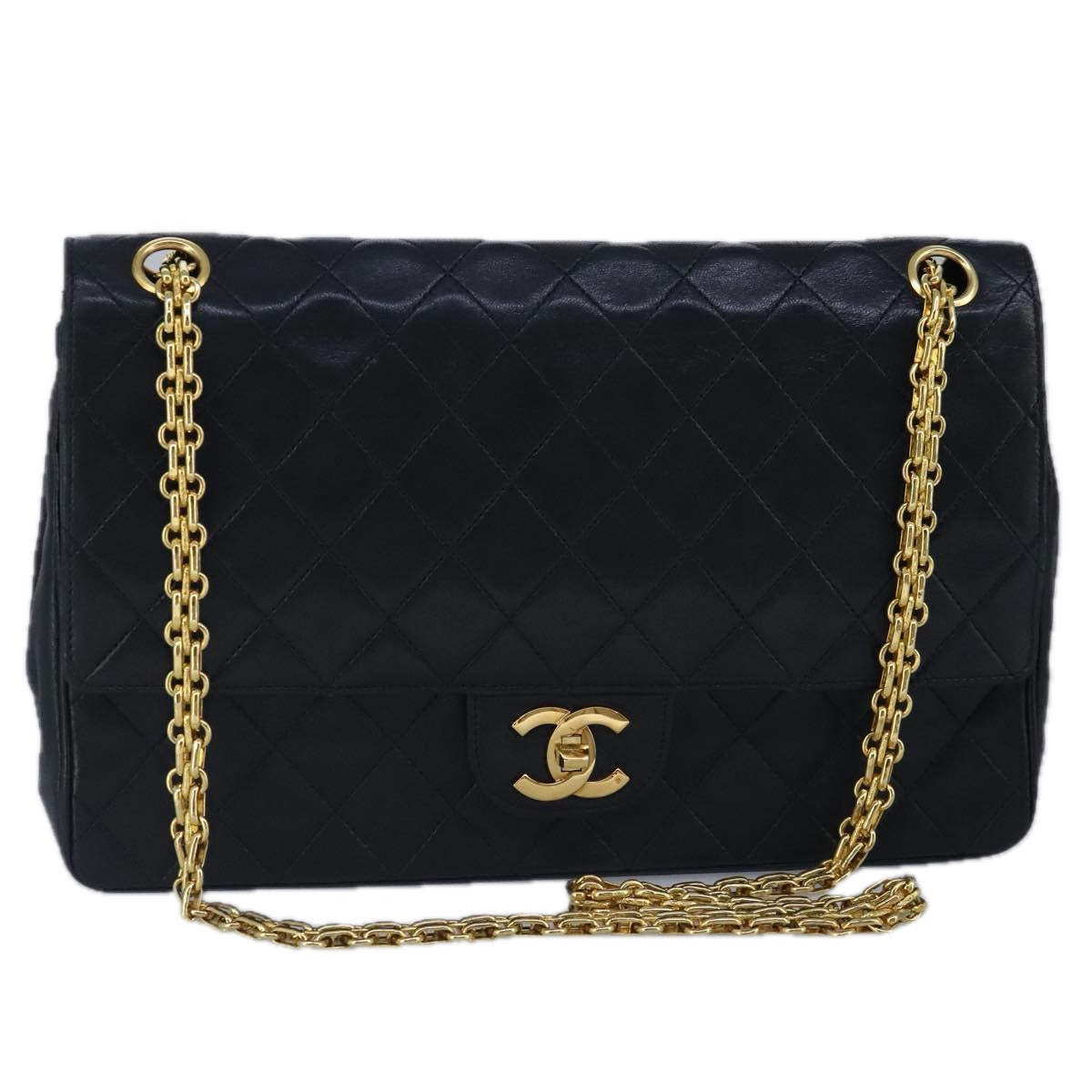 CHANEL Matelasse Double Flap Chain Bag Lamb Skin Vintage Black CC Auth yk15788