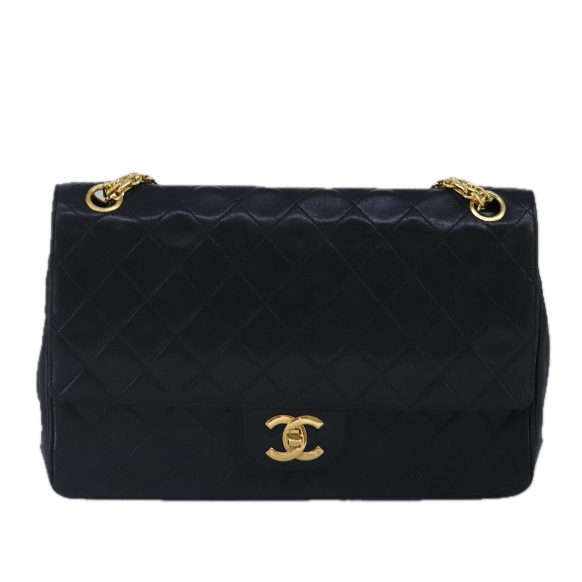 CHANEL Matelasse Double Flap Chain Bag Lamb Skin Vintage Black CC Auth yk15788