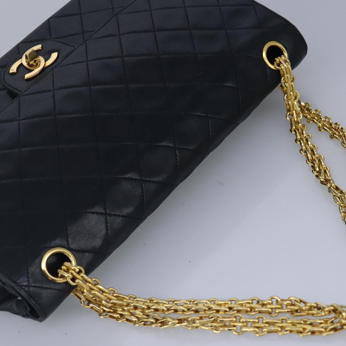 CHANEL Matelasse Double Flap Chain Bag Lamb Skin Vintage Black CC Auth yk15788