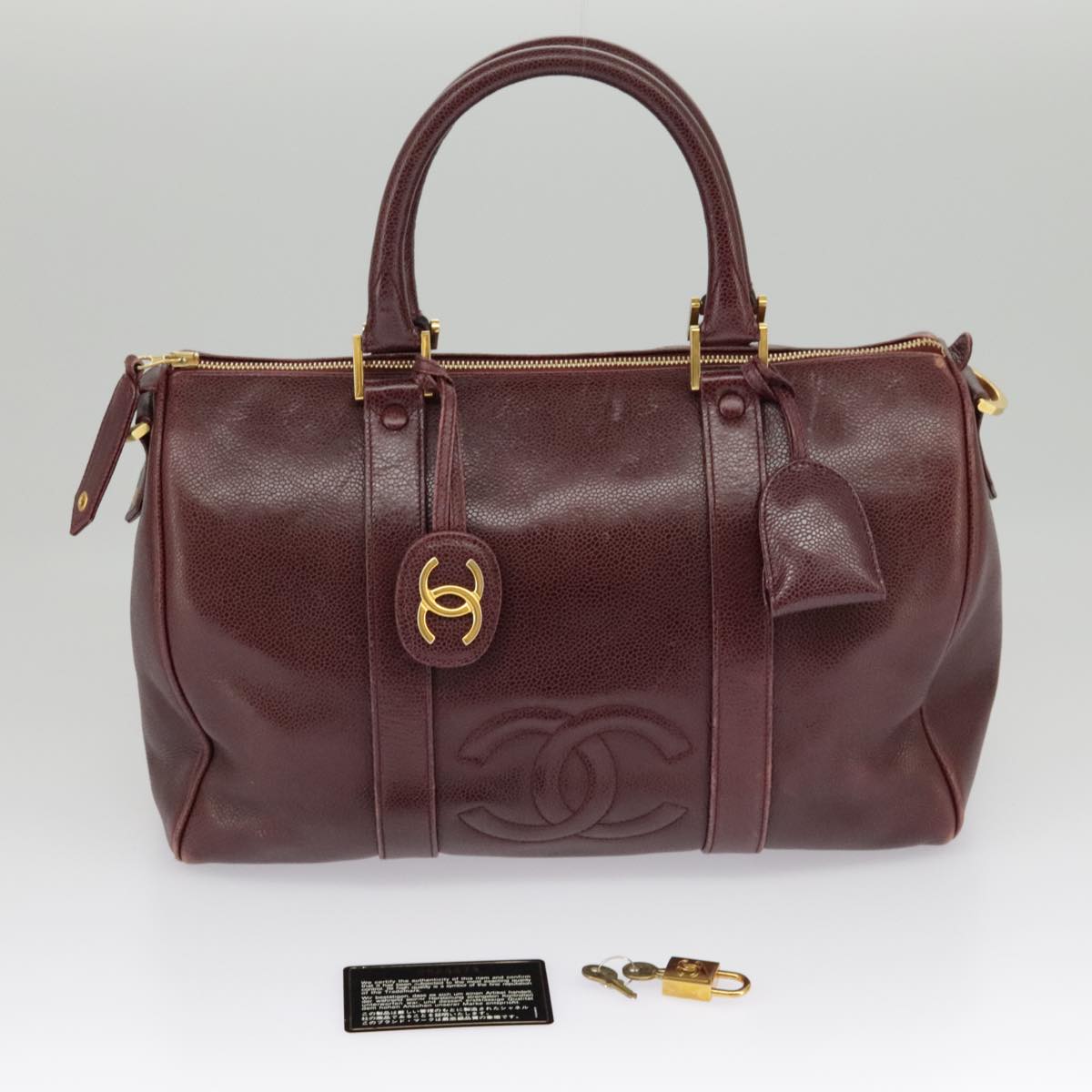 CHANEL COCO Mark Boston Bag Caviar Skin Bordeaux Gold CC Auth yk15814