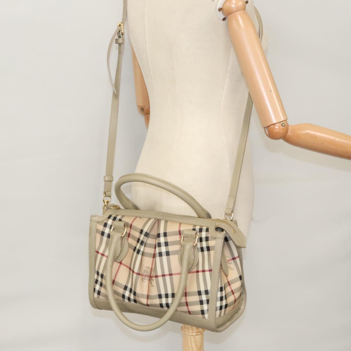 BURBERRY Nova Check Hand Bag PVC Leather 2way Beige Gold Auth yk15820