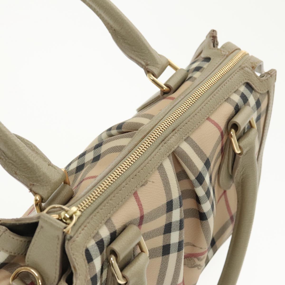 BURBERRY Nova Check Hand Bag PVC Leather 2way Beige Gold Auth yk15820