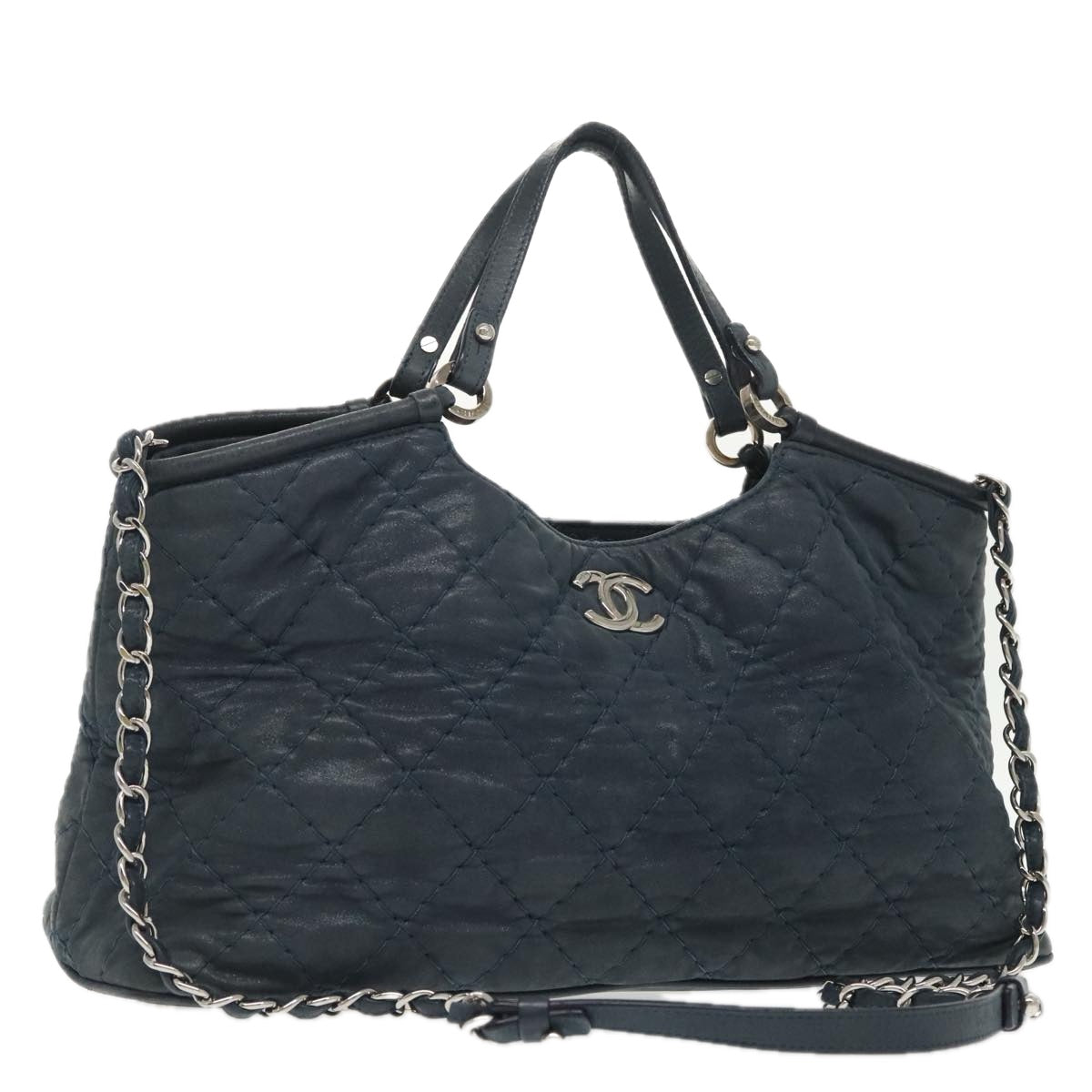 CHANEL Matelasse Chain Shoulder Bag Leather Navy Silver CC Auth yk15839