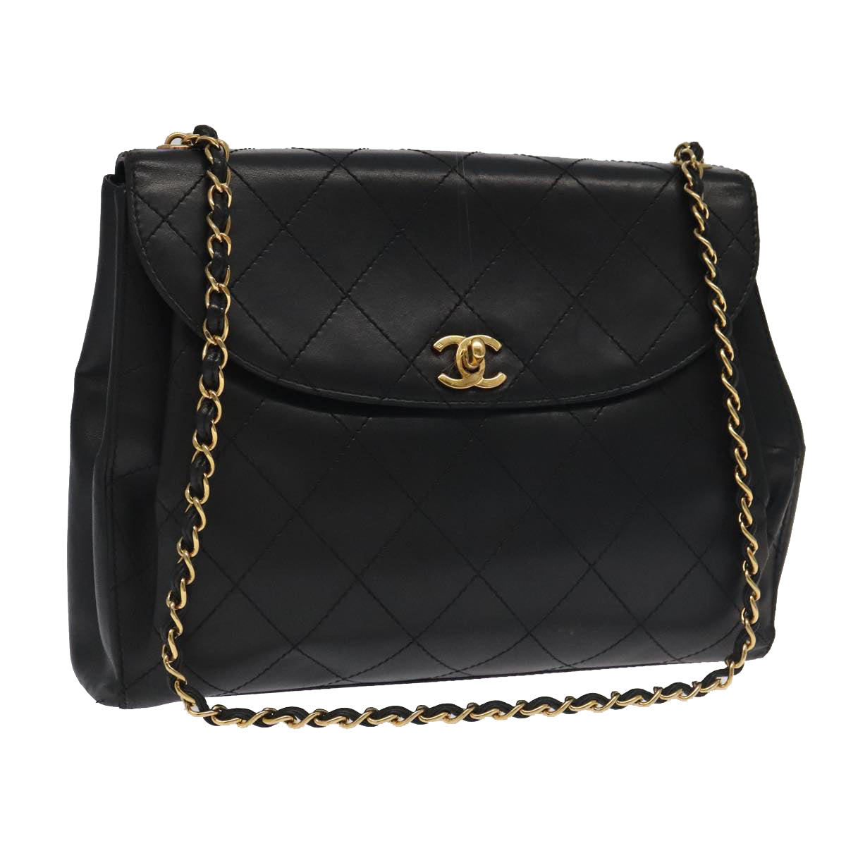 CHANEL Matelasse Chain Shoulder Bag Leather Black Gold CC Auth yk15854