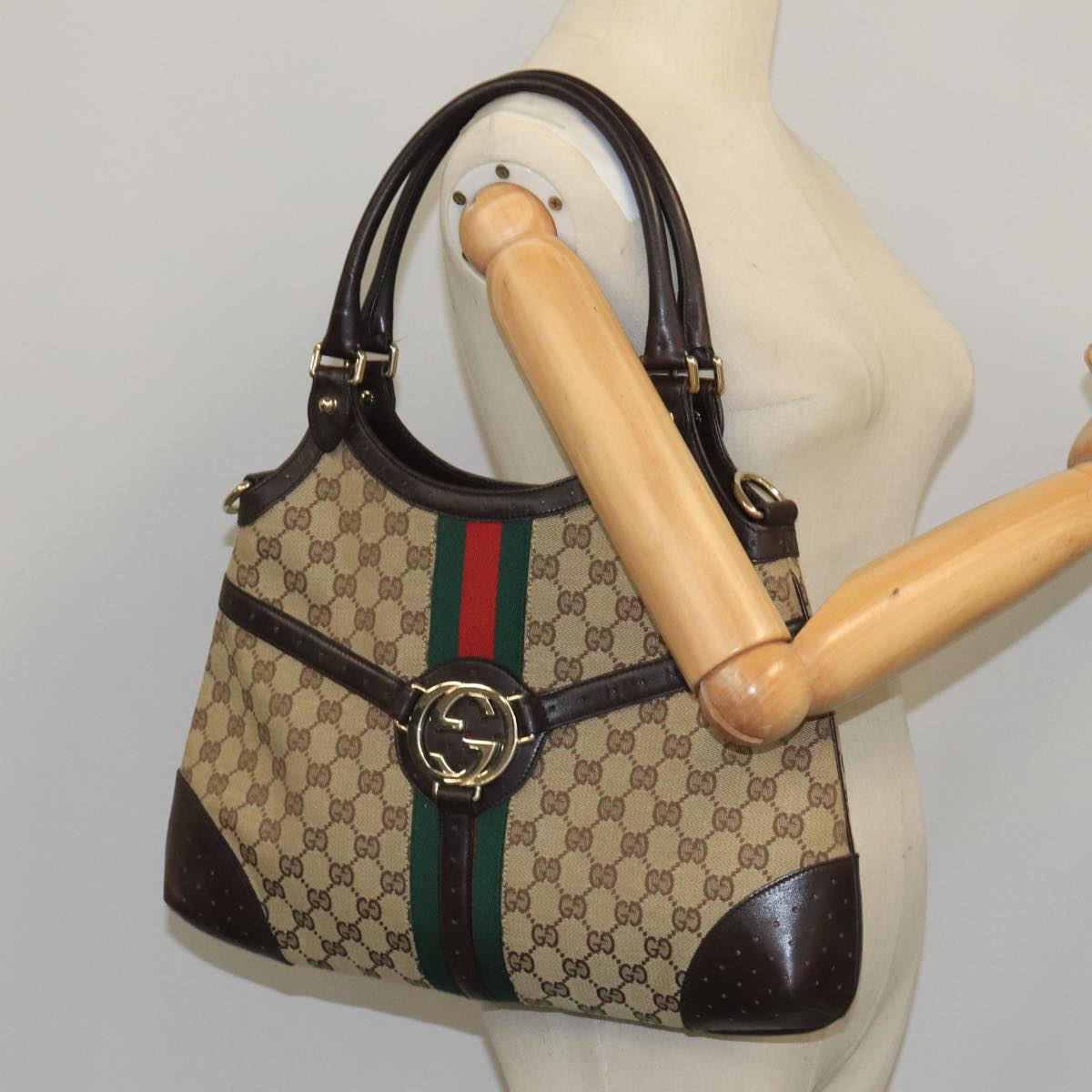 GUCCI GG Canvas interlocking Web Sherry Line Hand Bag White 114875 Auth yk15870