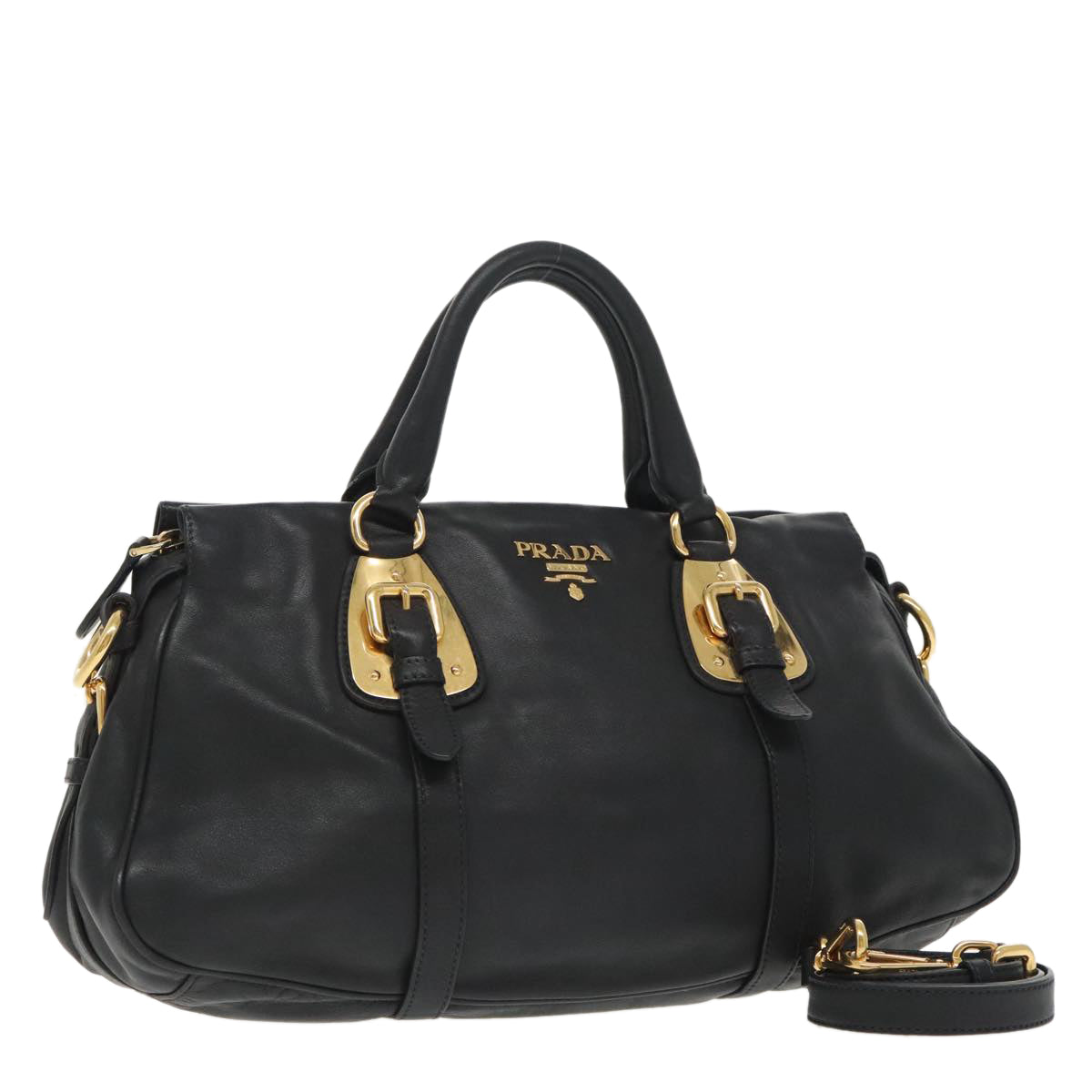 PRADA Hand Bag Leather 2way Gold Black Auth yk15880