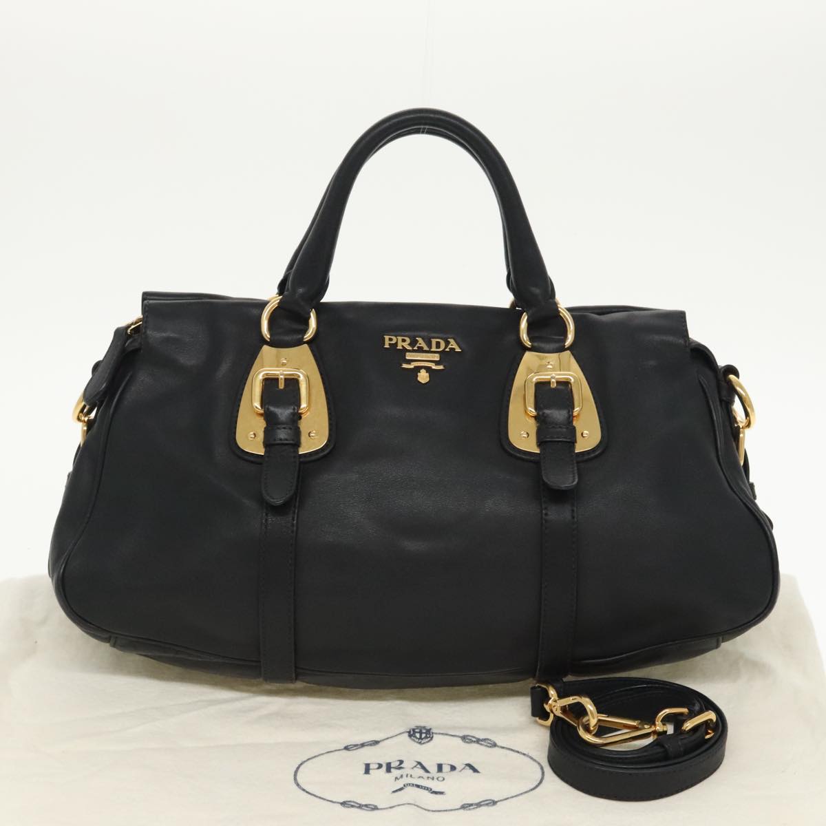 PRADA Hand Bag Leather 2way Gold Black Auth yk15880