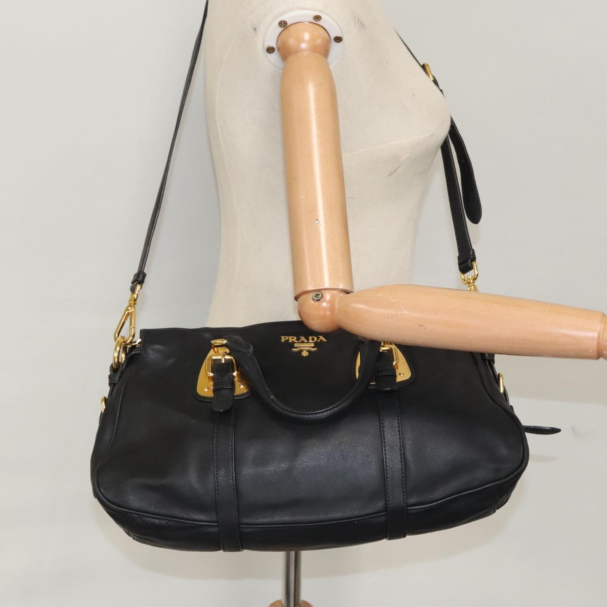 PRADA Hand Bag Leather 2way Gold Black Auth yk15880