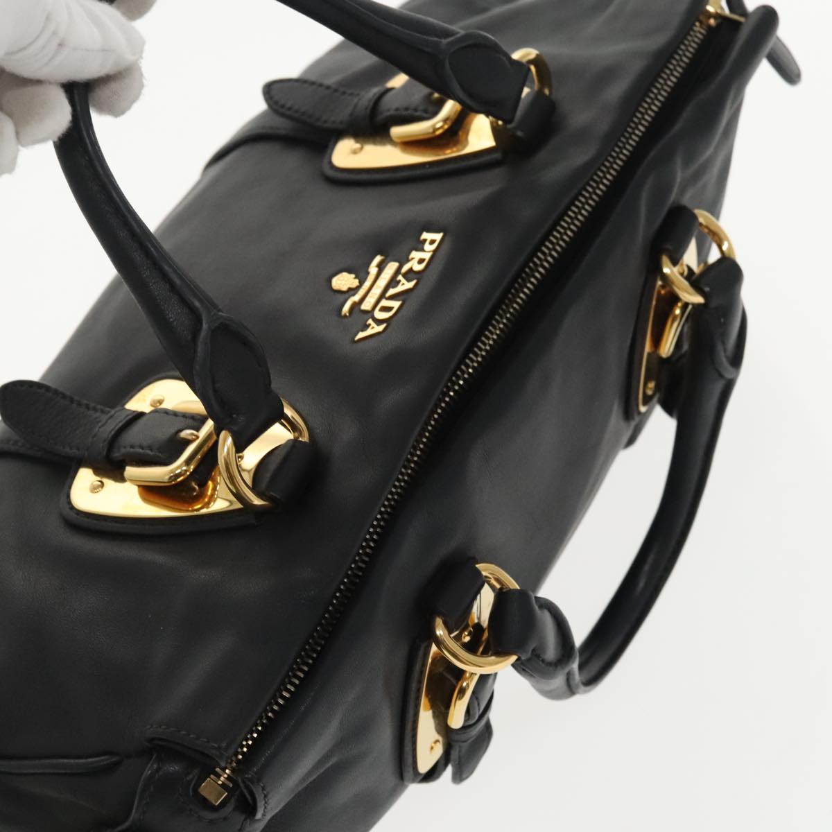 PRADA Hand Bag Leather 2way Gold Black Auth yk15880