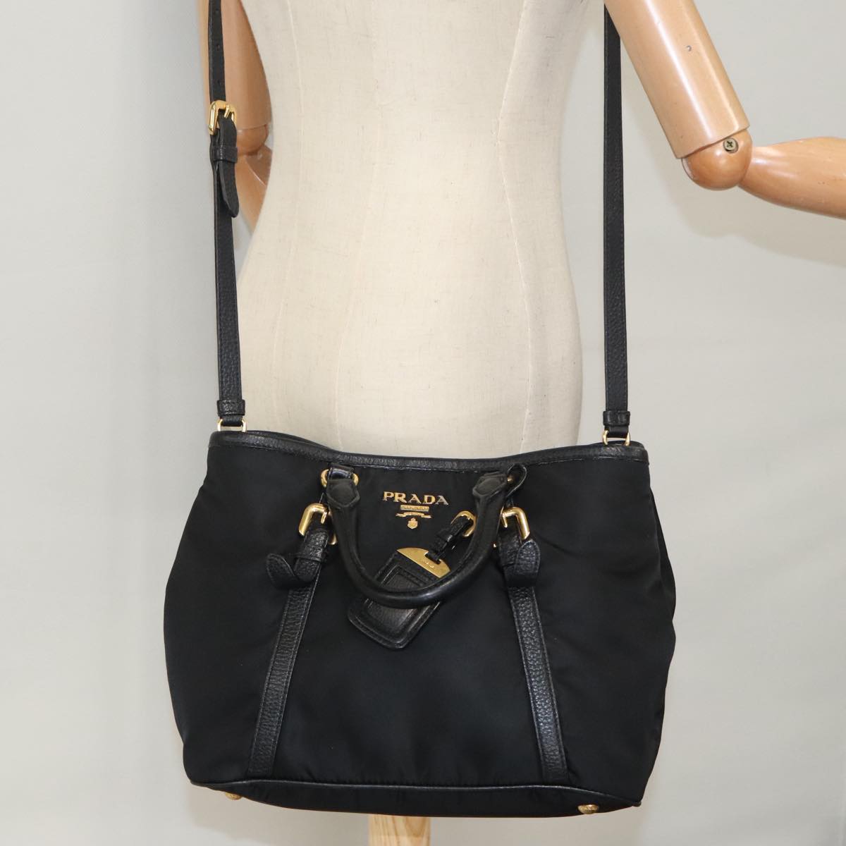 PRADA Hand Bag Nylon Leather 2way Black Gold Auth yk15881