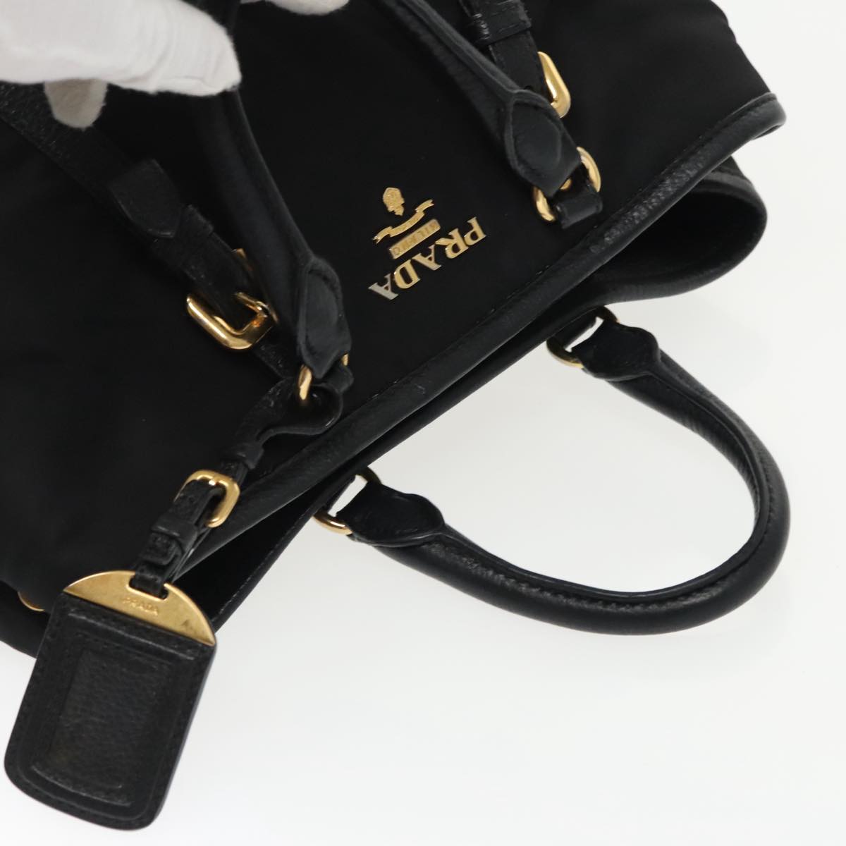 PRADA Hand Bag Nylon Leather 2way Black Gold Auth yk15881