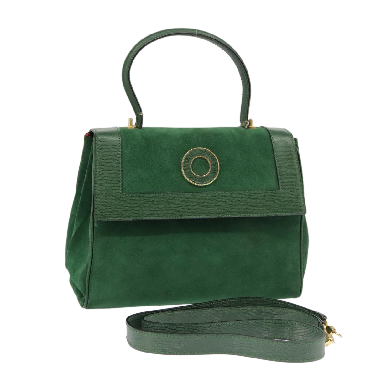 CELINE Hand Bag Suede 2way Green Gold Auth yk15883