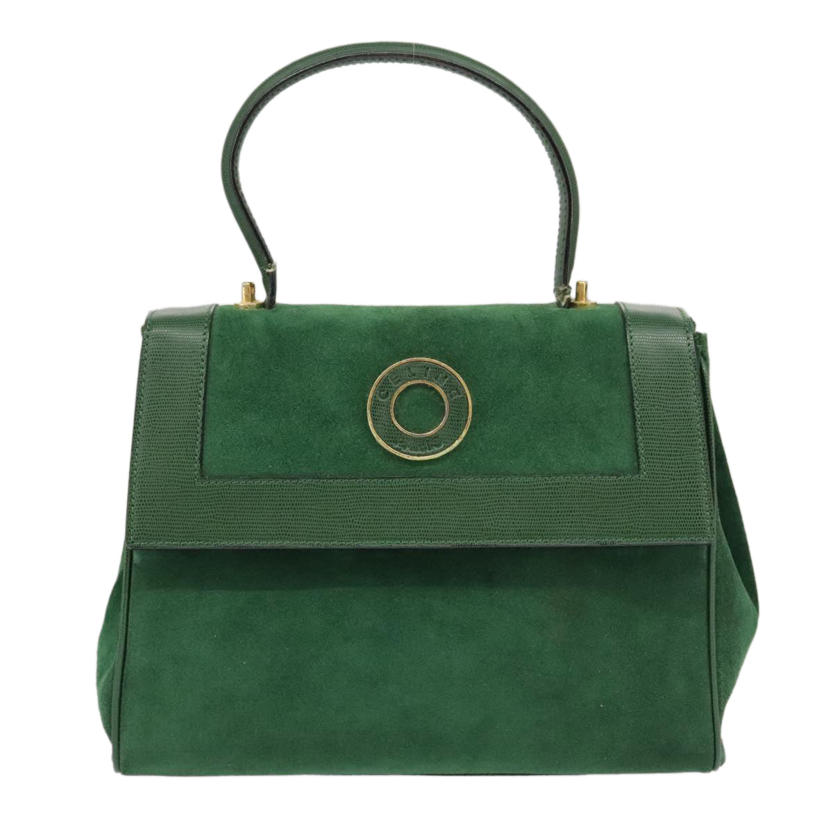 CELINE Hand Bag Suede 2way Green Gold Auth yk15883