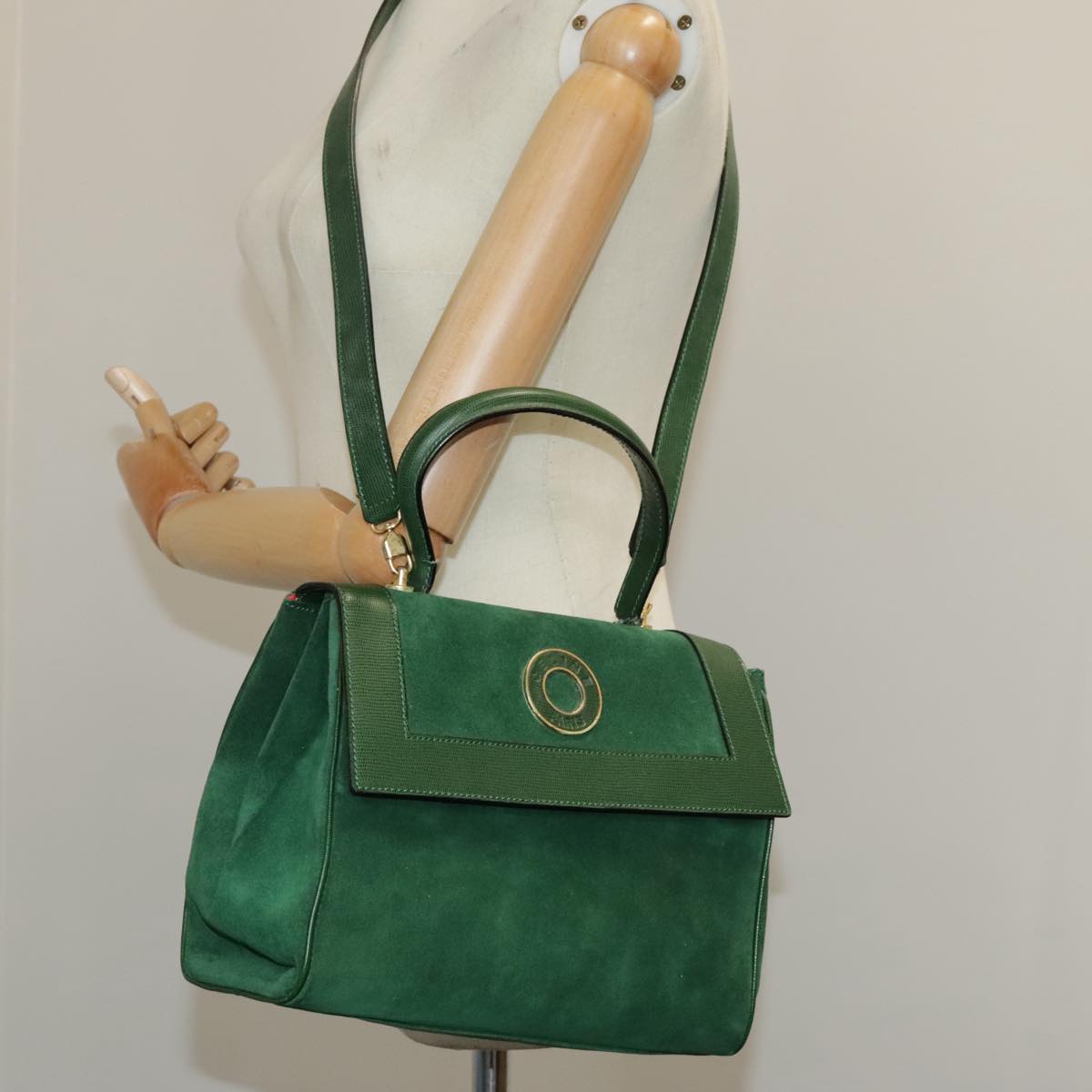 CELINE Hand Bag Suede 2way Green Gold Auth yk15883