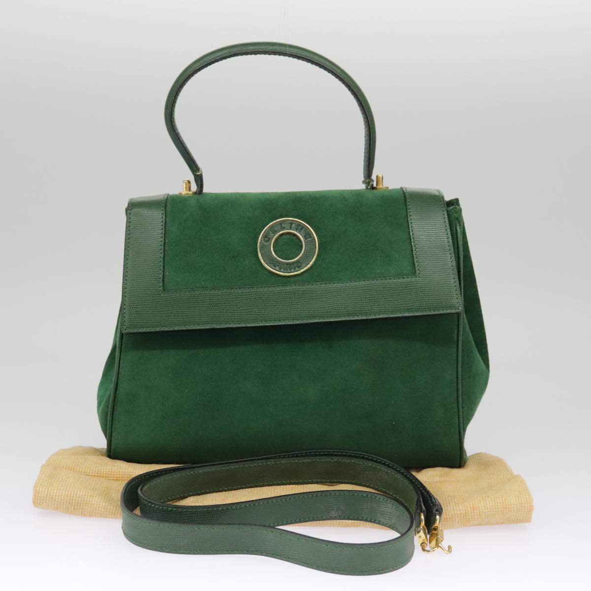 CELINE Hand Bag Suede 2way Green Gold Auth yk15883