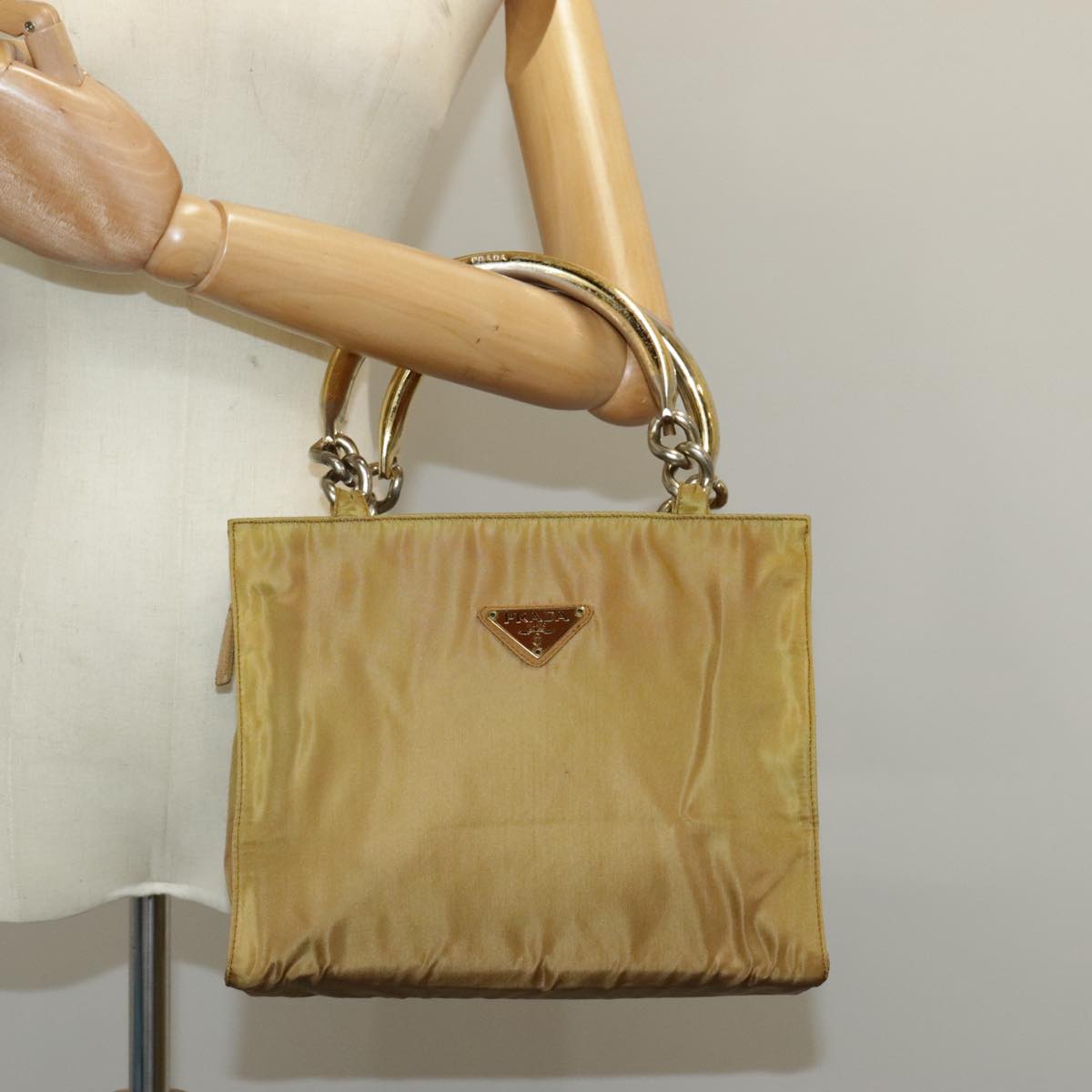 PRADA Hand Bag Nylon Brown Gold Auth yk15886