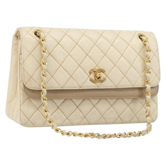 CHANEL Matelasse Double Flap Chain Hand Bag Leather Beige Gold CC Auth yk15889A
