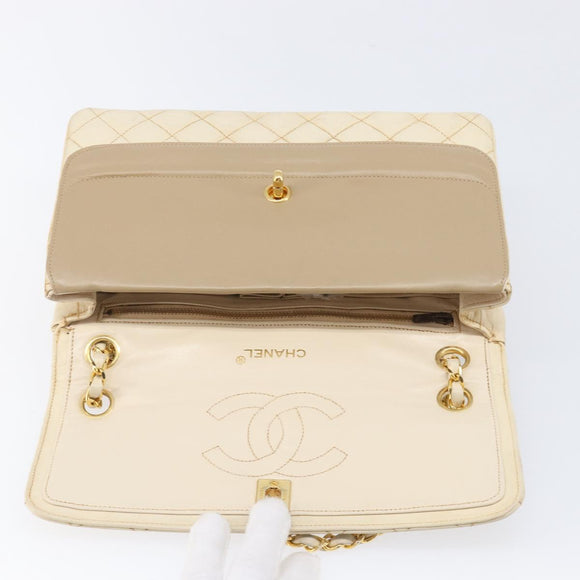 CHANEL Matelasse Double Flap Chain Hand Bag Leather Beige Gold CC Auth yk15889A