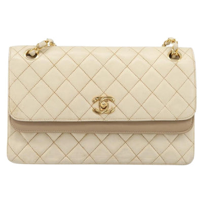 CHANEL Matelasse Double Flap Chain Hand Bag Leather Beige Gold CC Auth yk15889A - 0