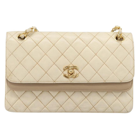 CHANEL Matelasse Double Flap Chain Hand Bag Leather Beige Gold CC Auth yk15889A