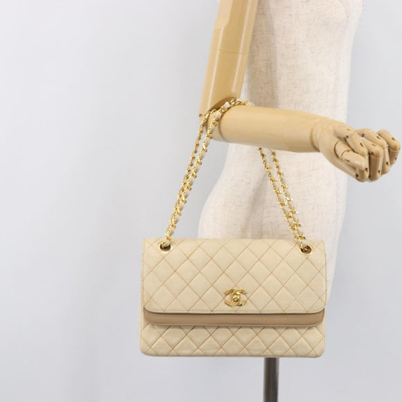 CHANEL Matelasse Double Flap Chain Hand Bag Leather Beige Gold CC Auth yk15889A