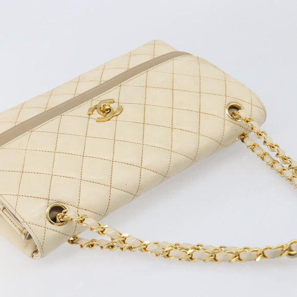 CHANEL Matelasse Double Flap Chain Hand Bag Leather Beige Gold CC Auth yk15889A
